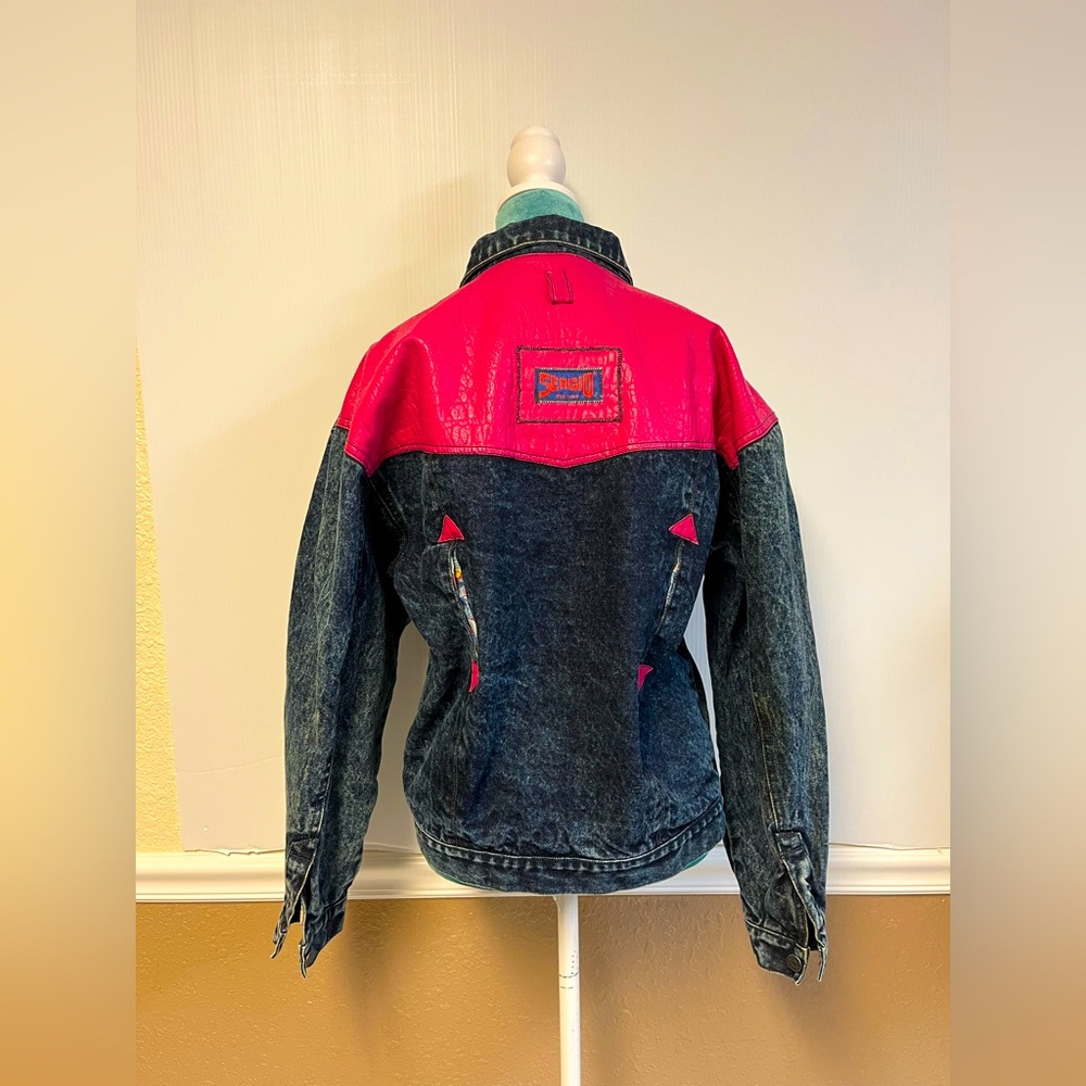 Vintage Sergio of New‎ York Acid Wash Denim Jacket | Pink Leather Yoke Size 9/10